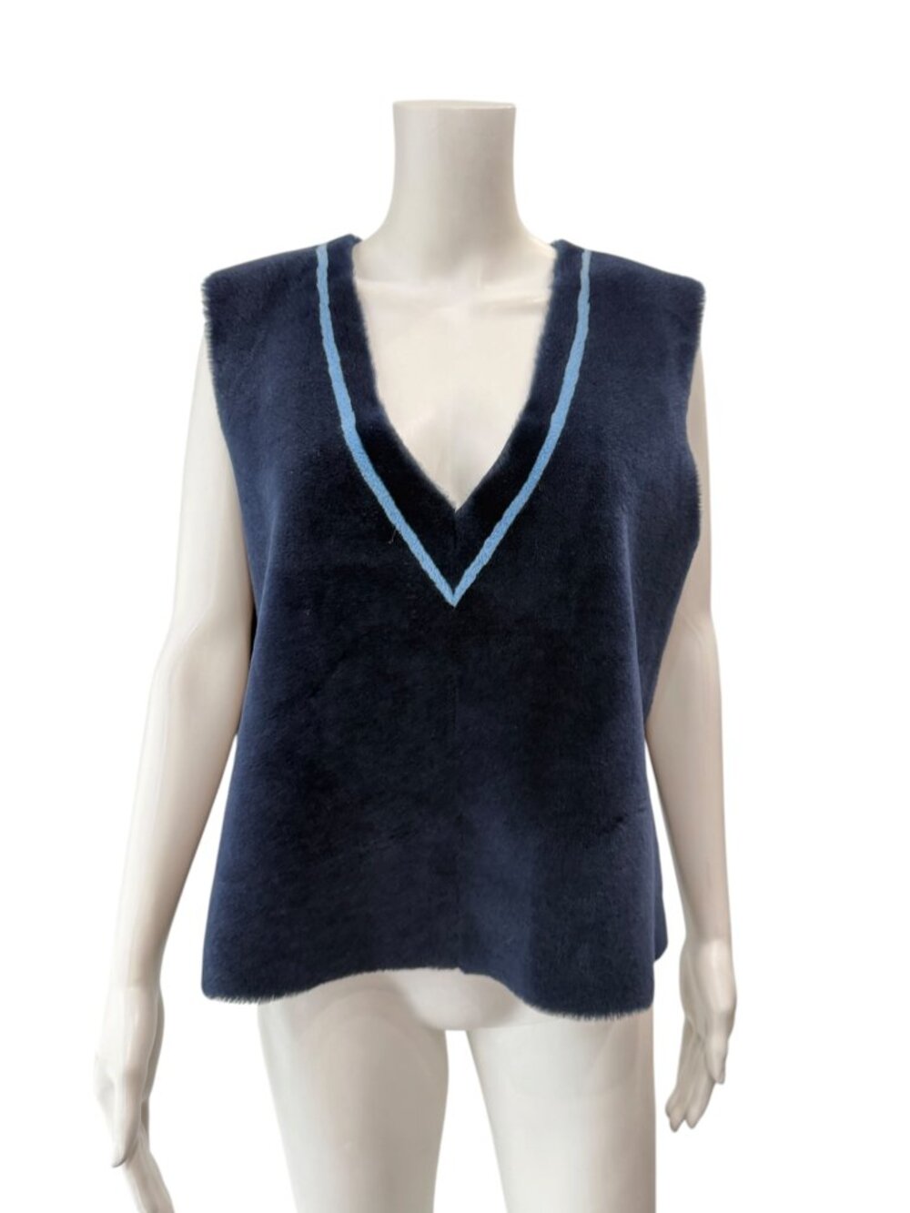 St. Emile Blue Stripe Fur Leather Oversized Sweater Vest size 10/FR 42